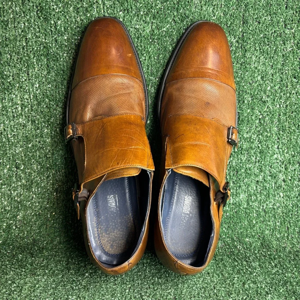 Stacy Adams Leather Textured Cap Toe Double Monk Strap Shoes Brown Mens Size 14M